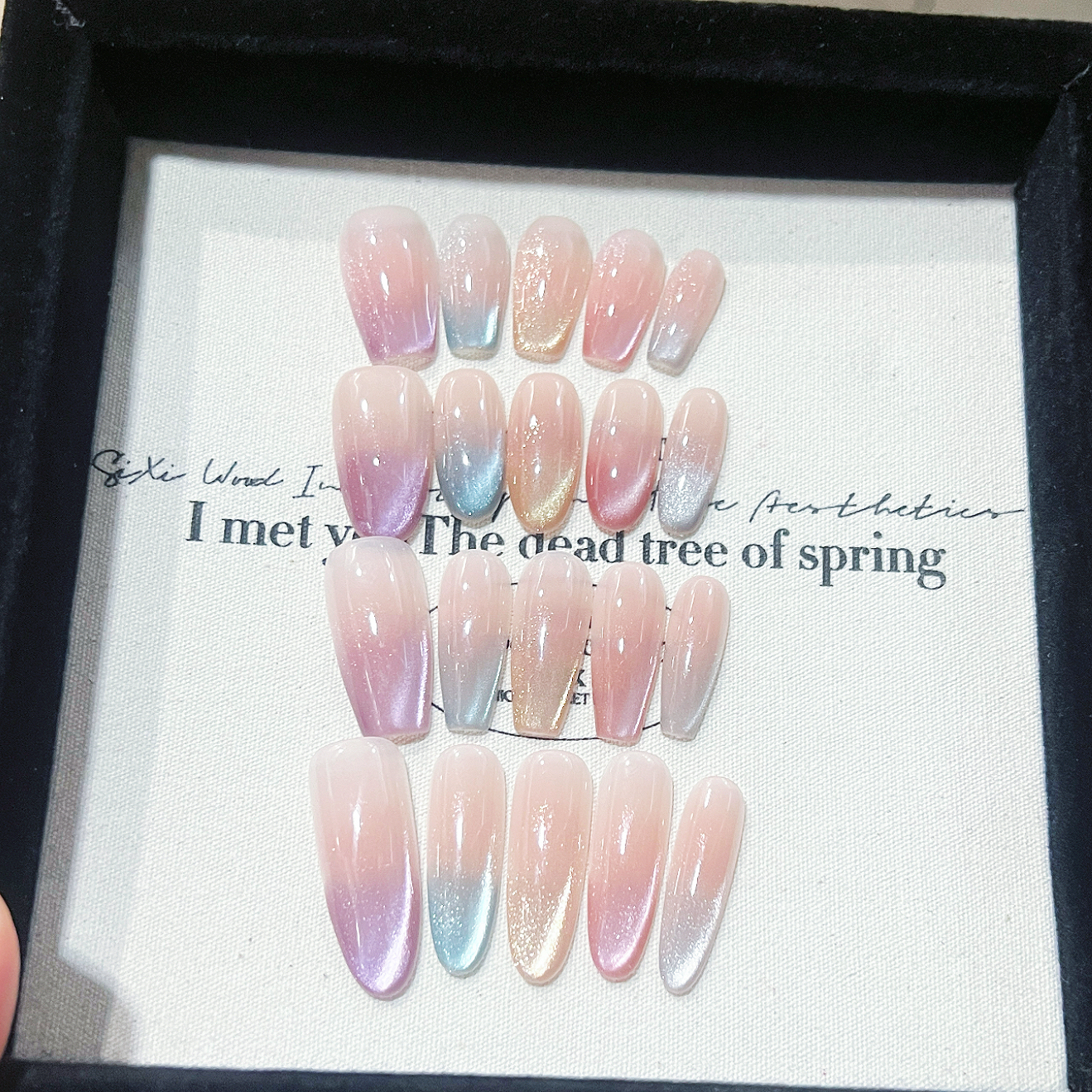 Iridescent French Cat-Eye Press-On Nails — Handmade Design with Chromatic Elegance