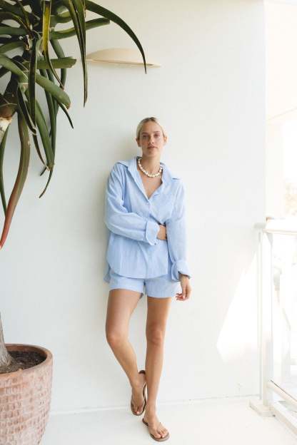 Ocan Blue Cotton Striped Shorts Set