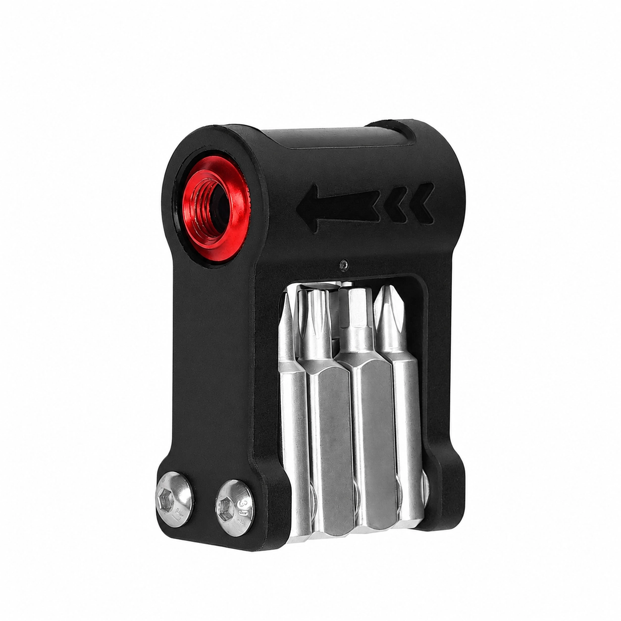Black 9-in-1 folding bike multi-tool with red CO2 head on white