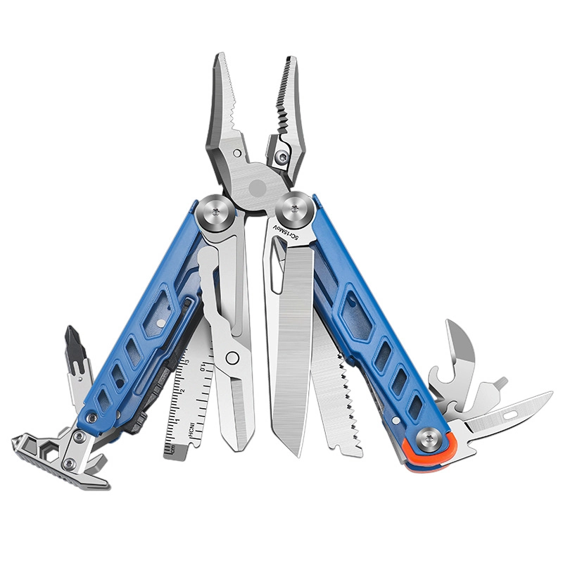 Blue outdoor folding repair multi-tool, pliers and all deployed implements on white