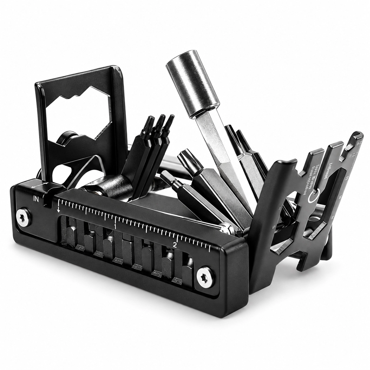 Black 38-in-1 bike repair multi-tool on white