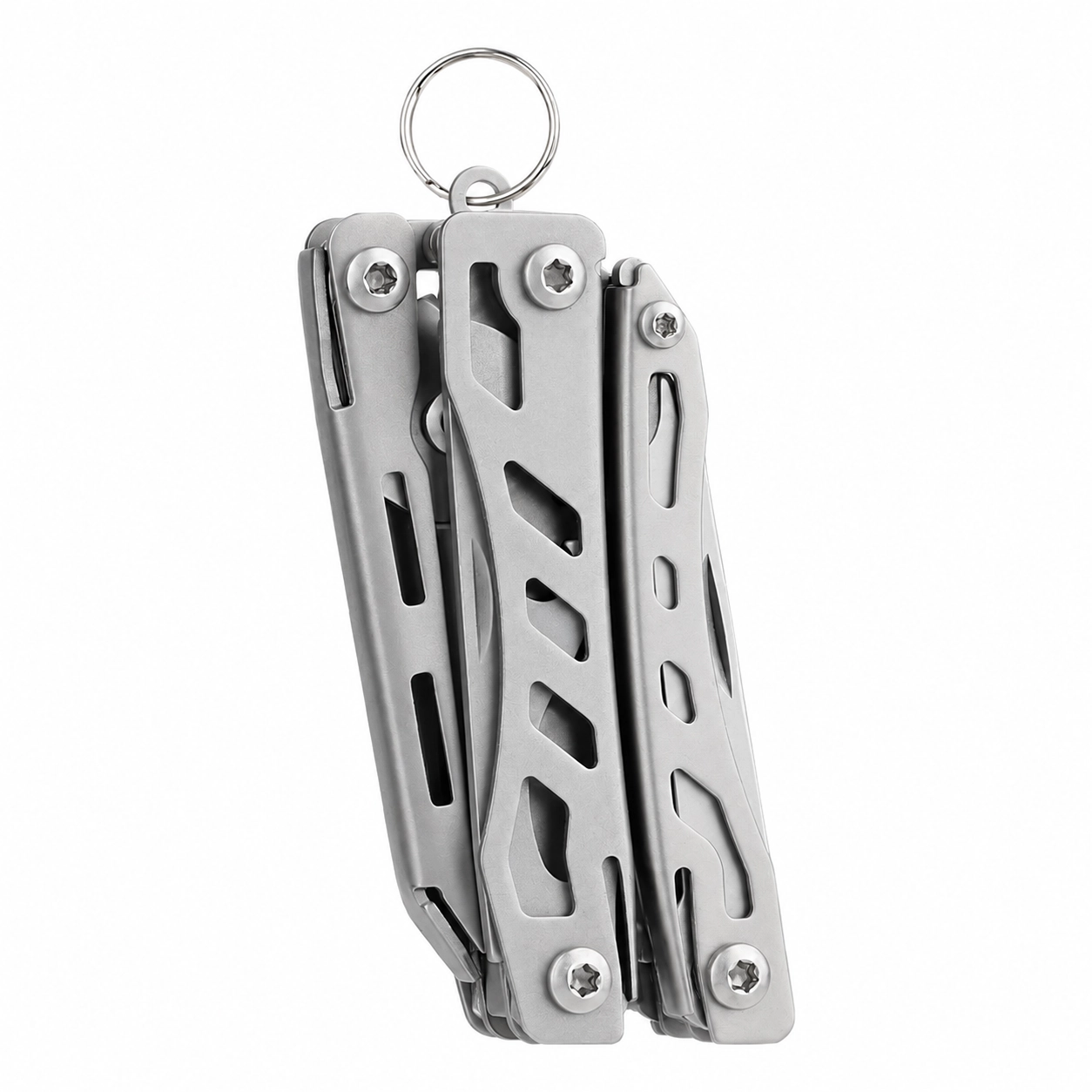 Closed silver pocket multi-tool with keyring on a white background