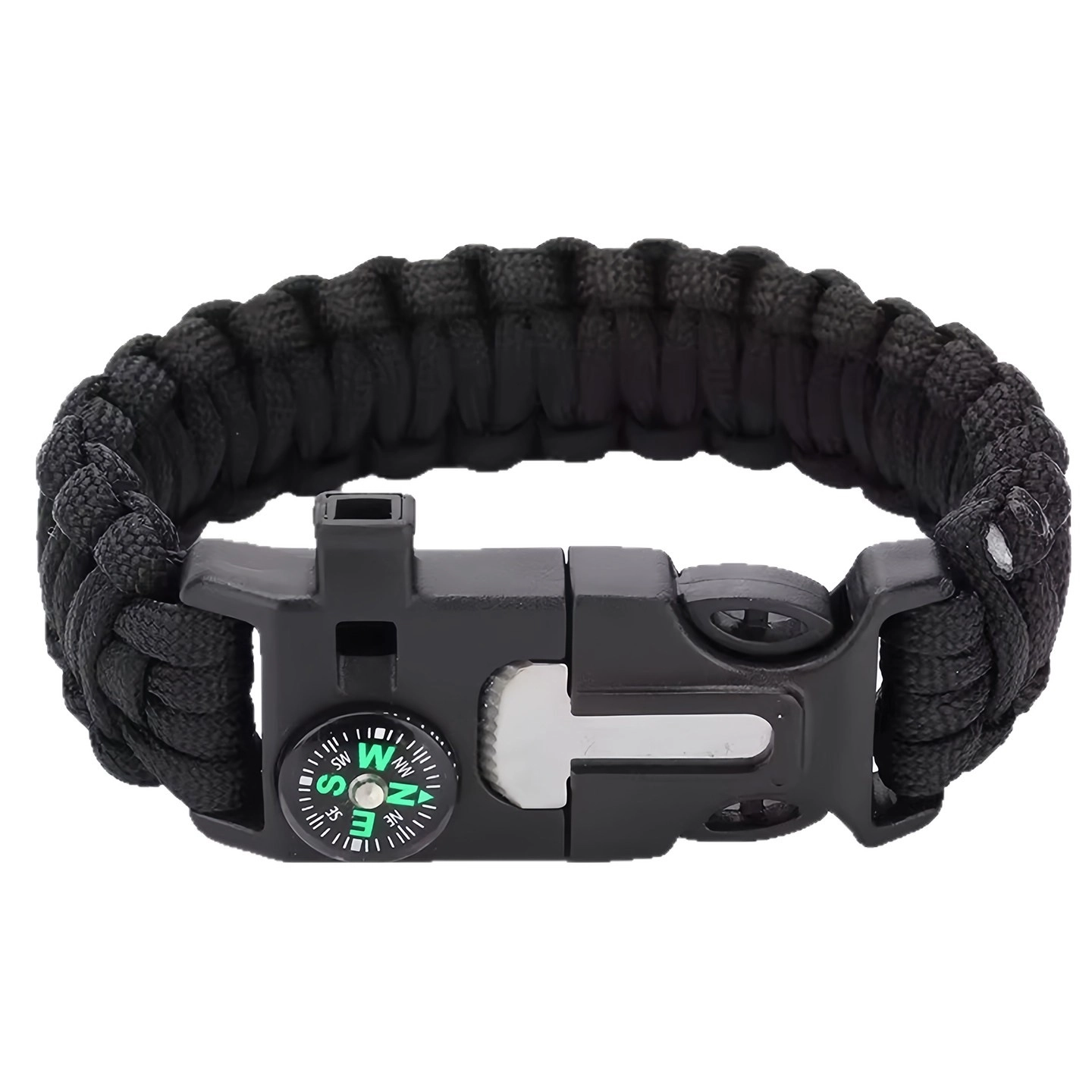 Black paracord bracelet with compass and multifunction buckle on white