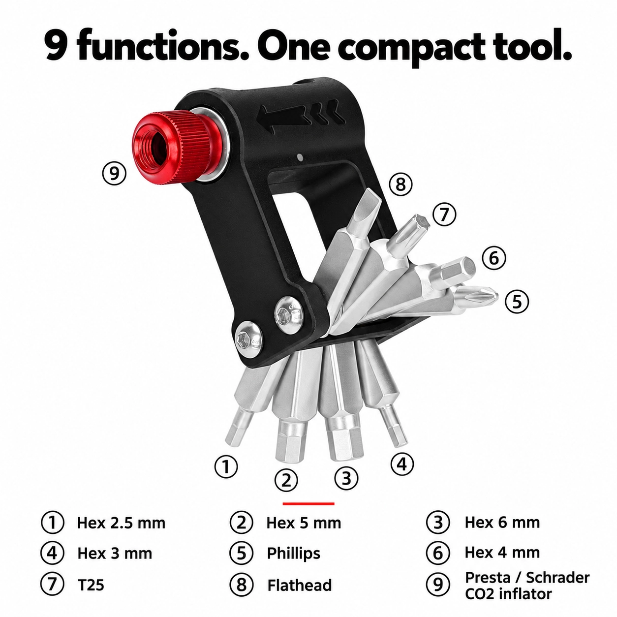 Nine functions: five hex sizes, T25, Phillips, flathead and Presta/Schrader CO2 inflator