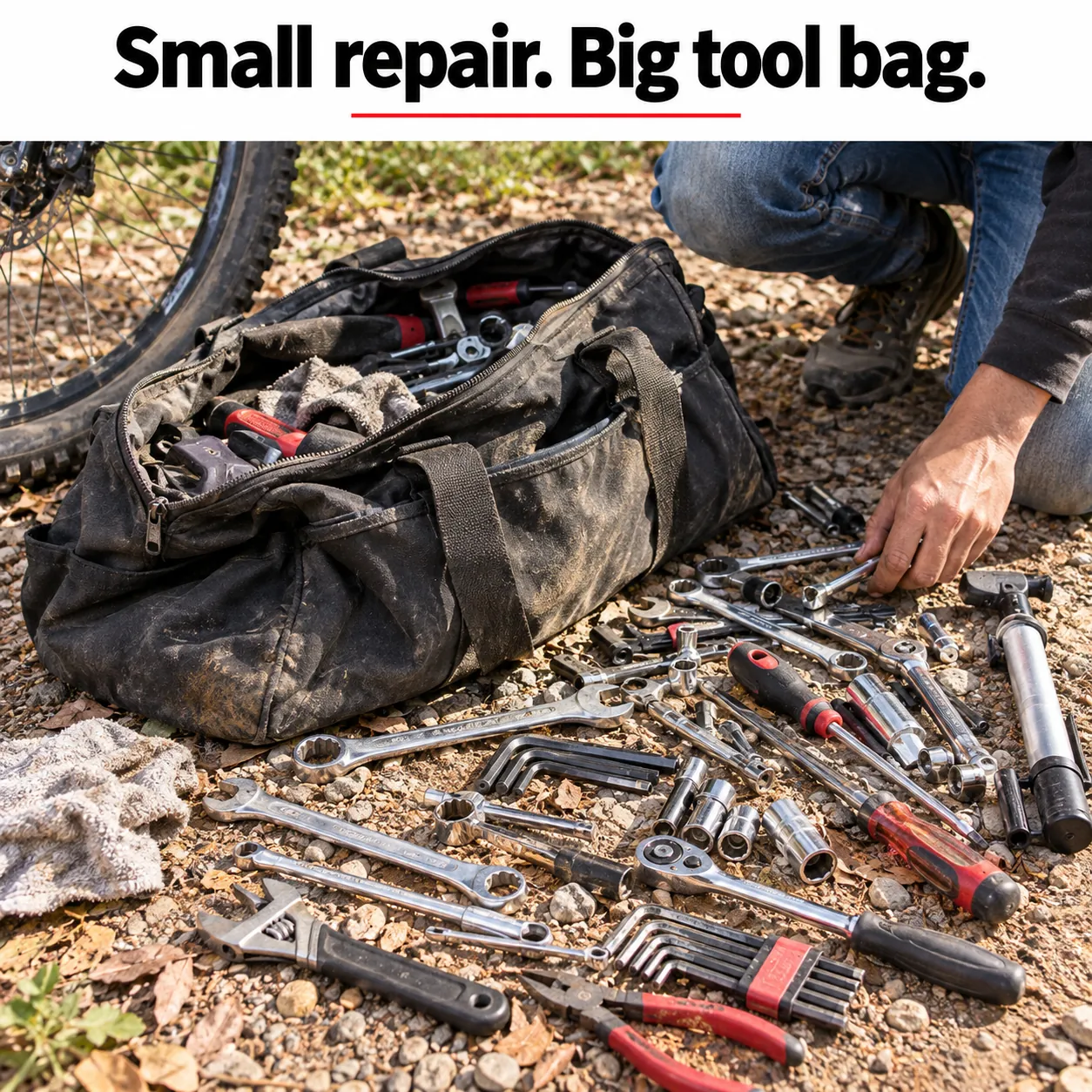 Oversized tool bag and many separate tools scattered on gravel for a small trailside bike repair