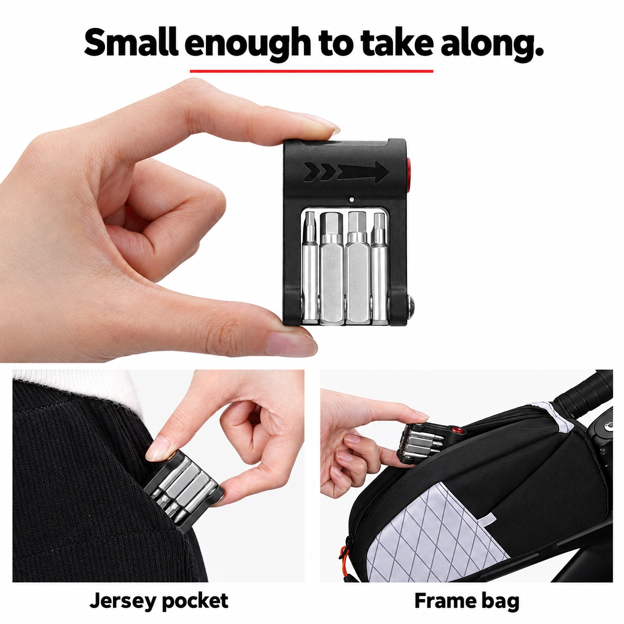 Tiny folded multi-tool held between fingers, carried in a pocket or bicycle frame bag