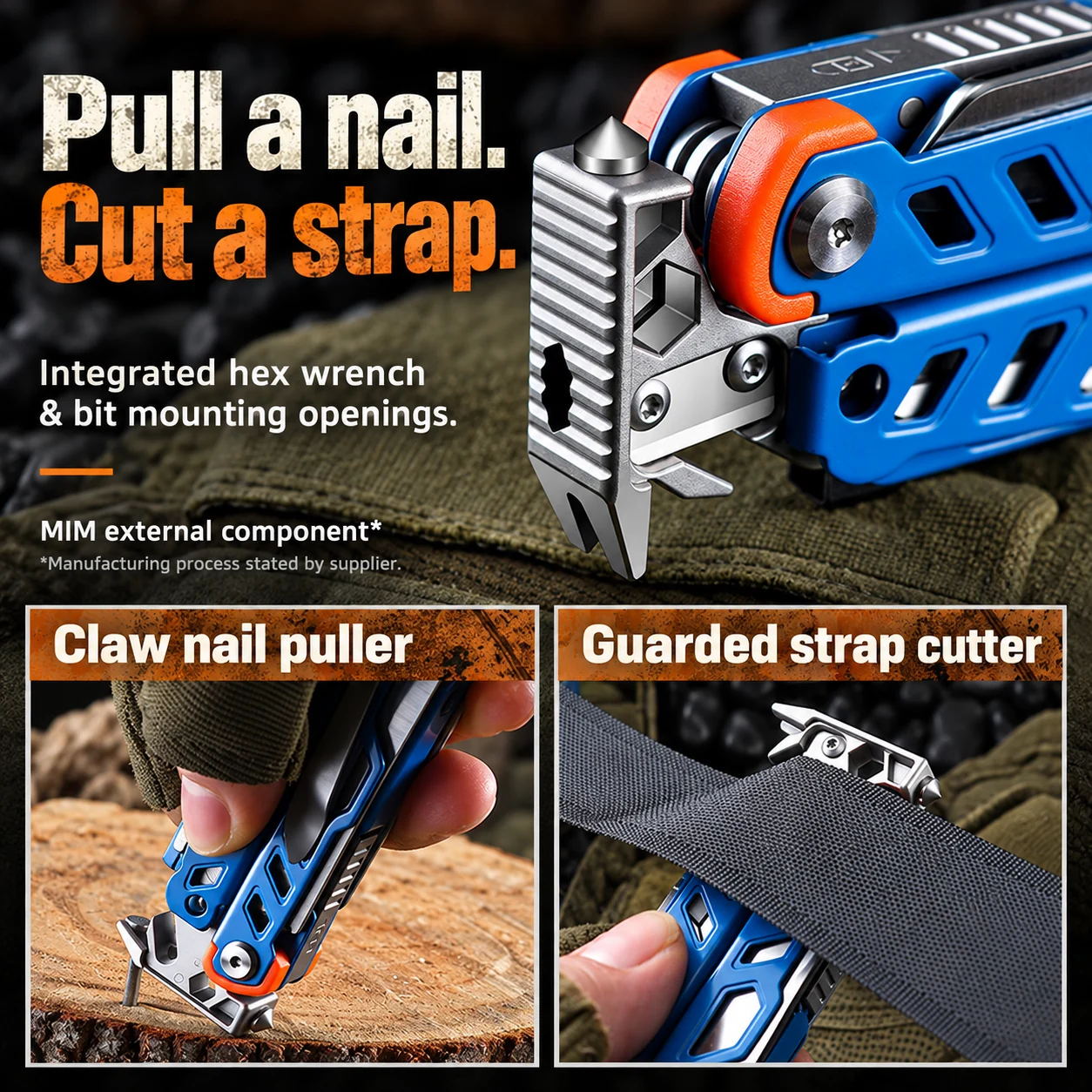 External MIM component, hex and bit openings, original nail-pulling and guarded strap-cutting uses