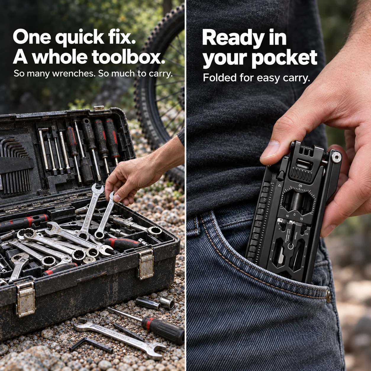 Outdoor toolbox burden compared with a folded bike multitool carried in a jeans pocket