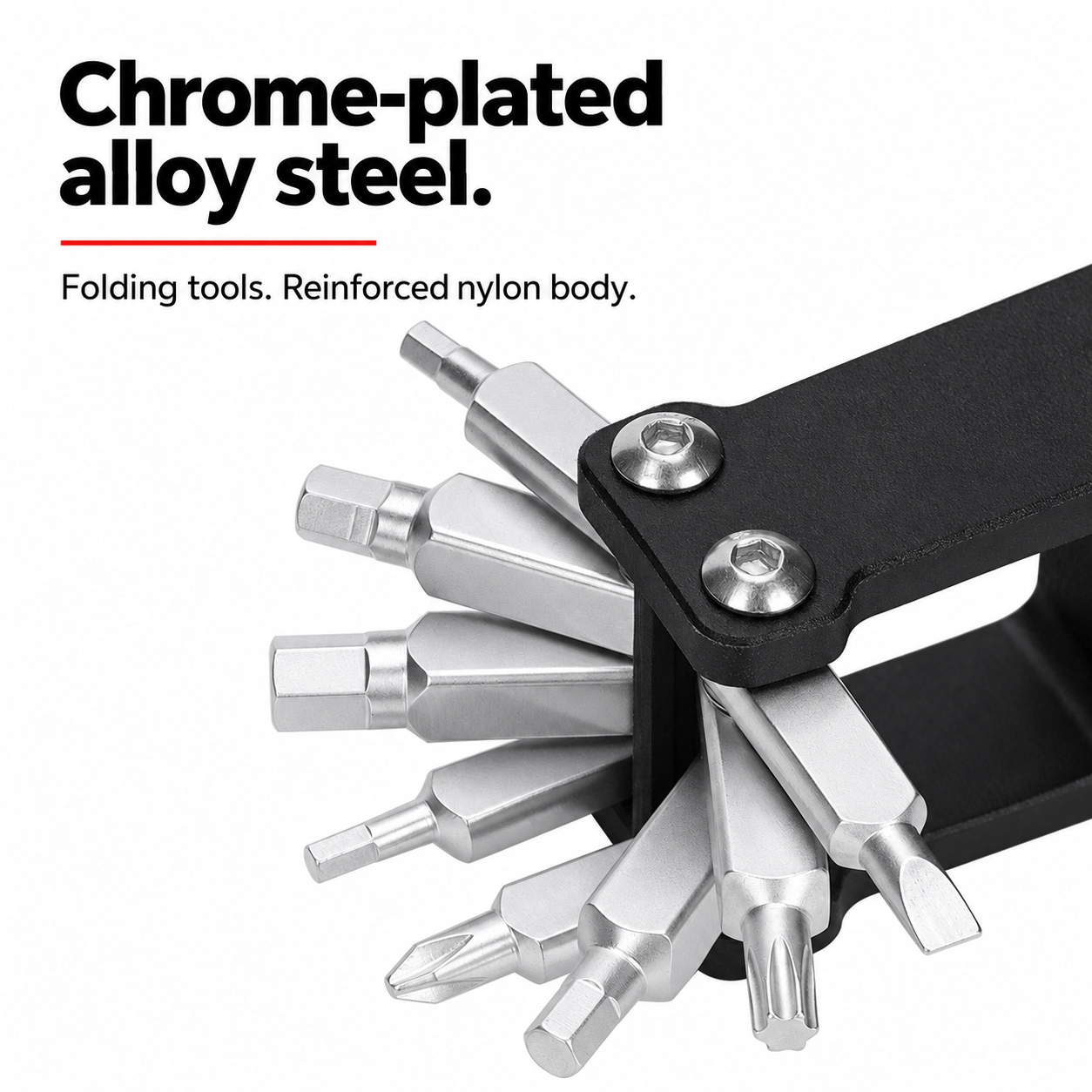 Chrome-plated alloy-steel folding tools and reinforced nylon body close-up