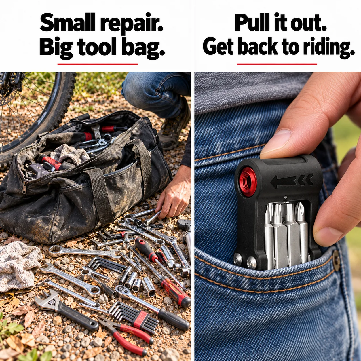 Comparison of a bulky trailside tool bag with many scattered tools and the mini 9-in-1 tool taken from a jeans pocket
