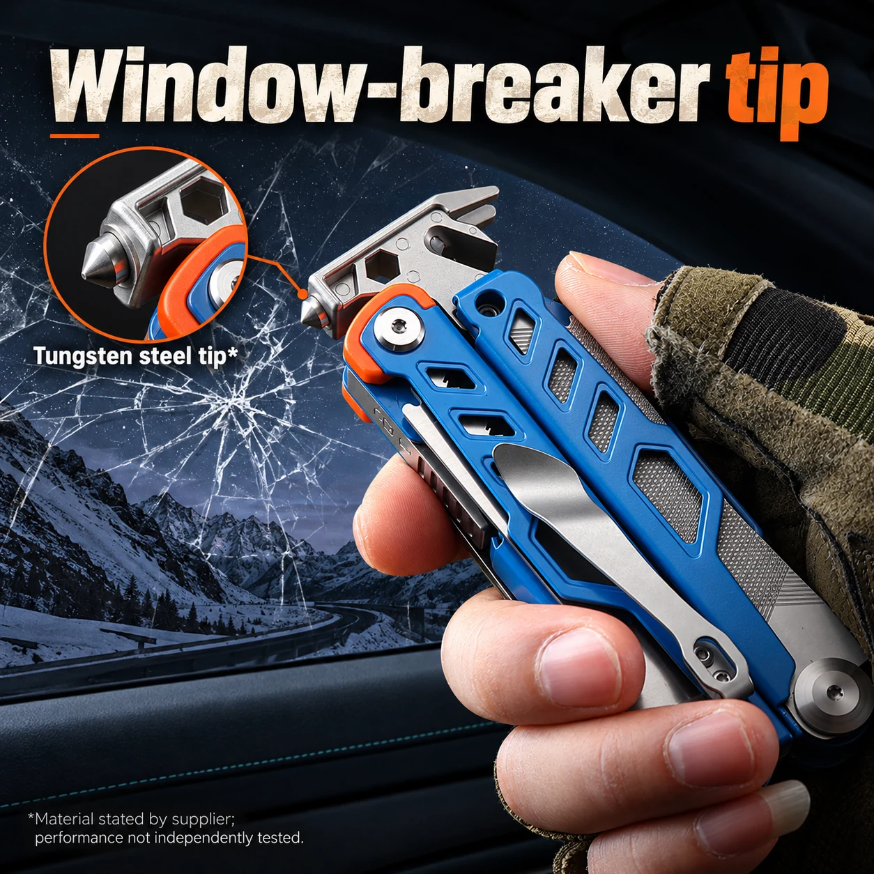 Window-breaker tip; supplier-described tungsten steel, illustrated usage not independently tested