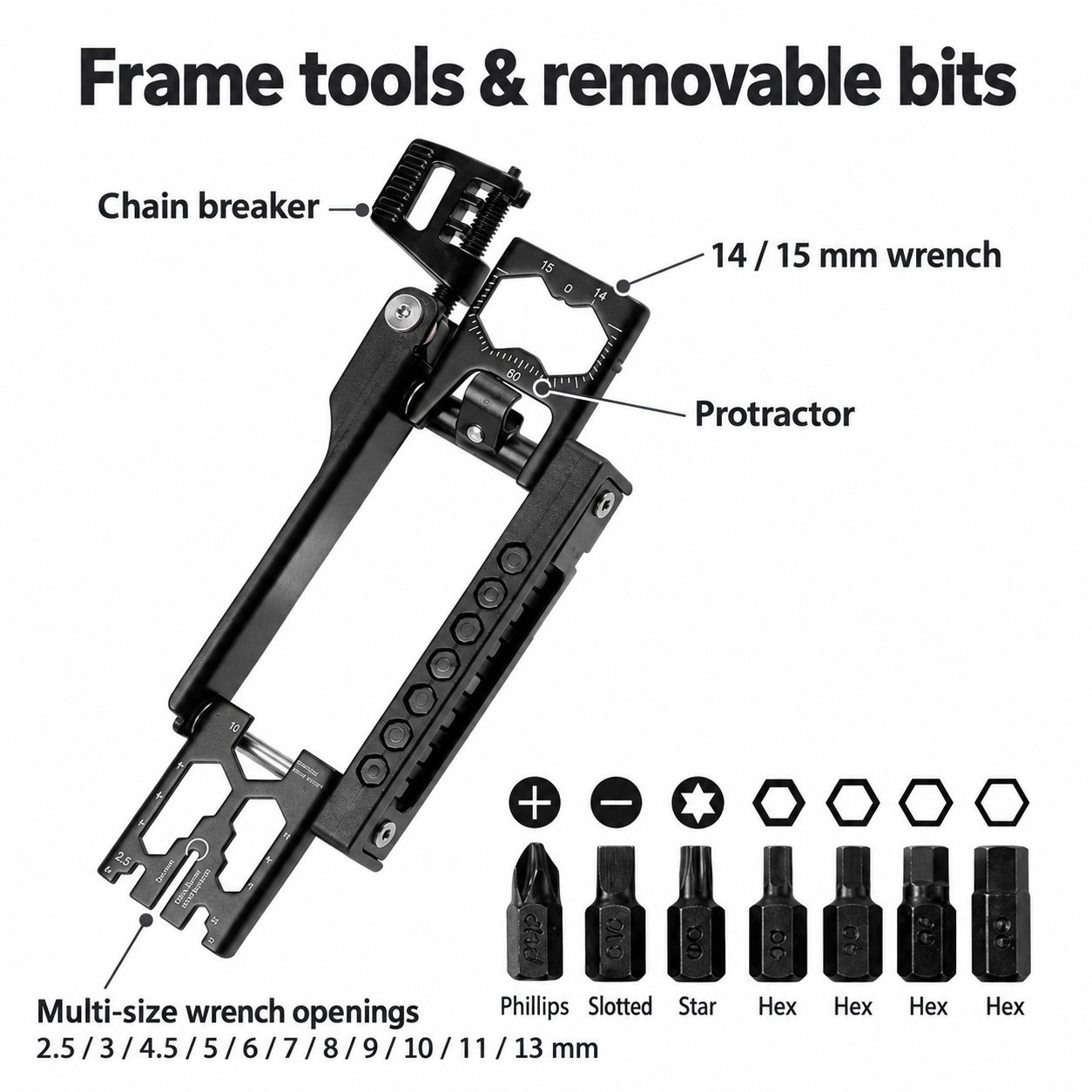 Frame wrench openings, chain breaker and removable bits