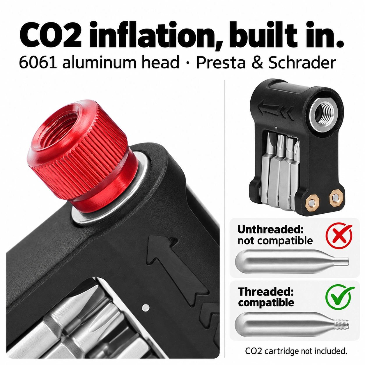 6061 aluminum CO2 head for Presta and Schrader; threaded cartridges only, cartridge not included