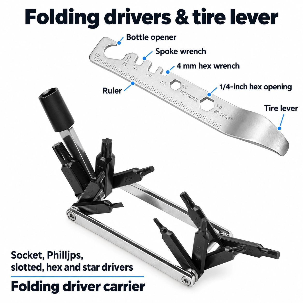 Folding drivers and multi-function tire lever