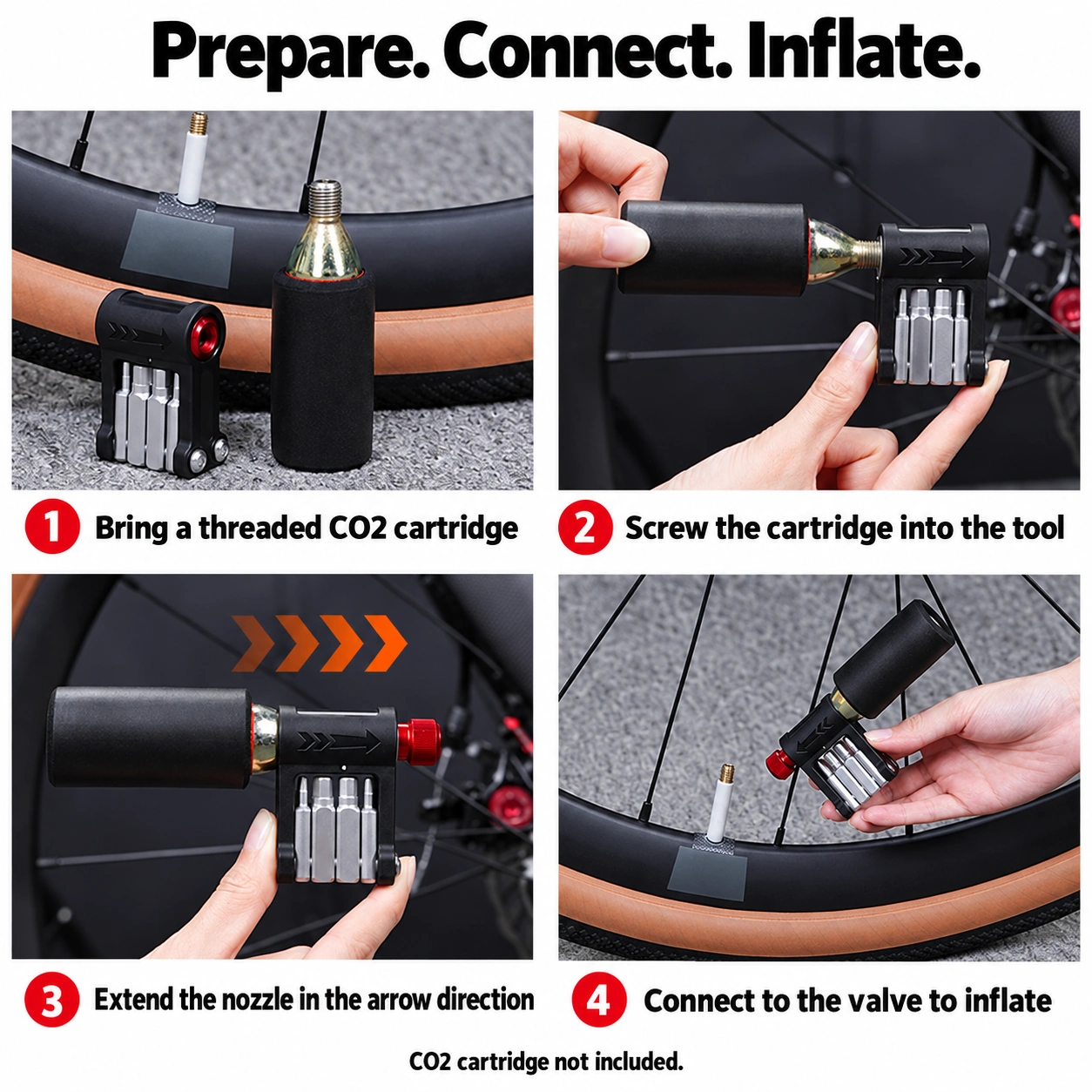 Four original-photo steps for attaching a threaded CO2 cartridge and preparing the inflator