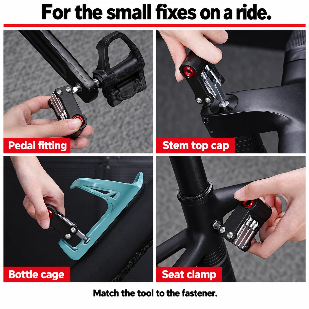 Matching driver applications on pedal fitting, stem top cap, bottle cage and seat clamp