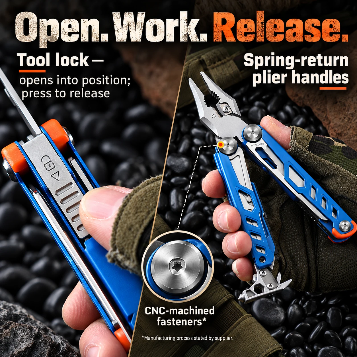 Handle-tool locking and press release, spring-return plier handles and supplier CNC-machined fasteners