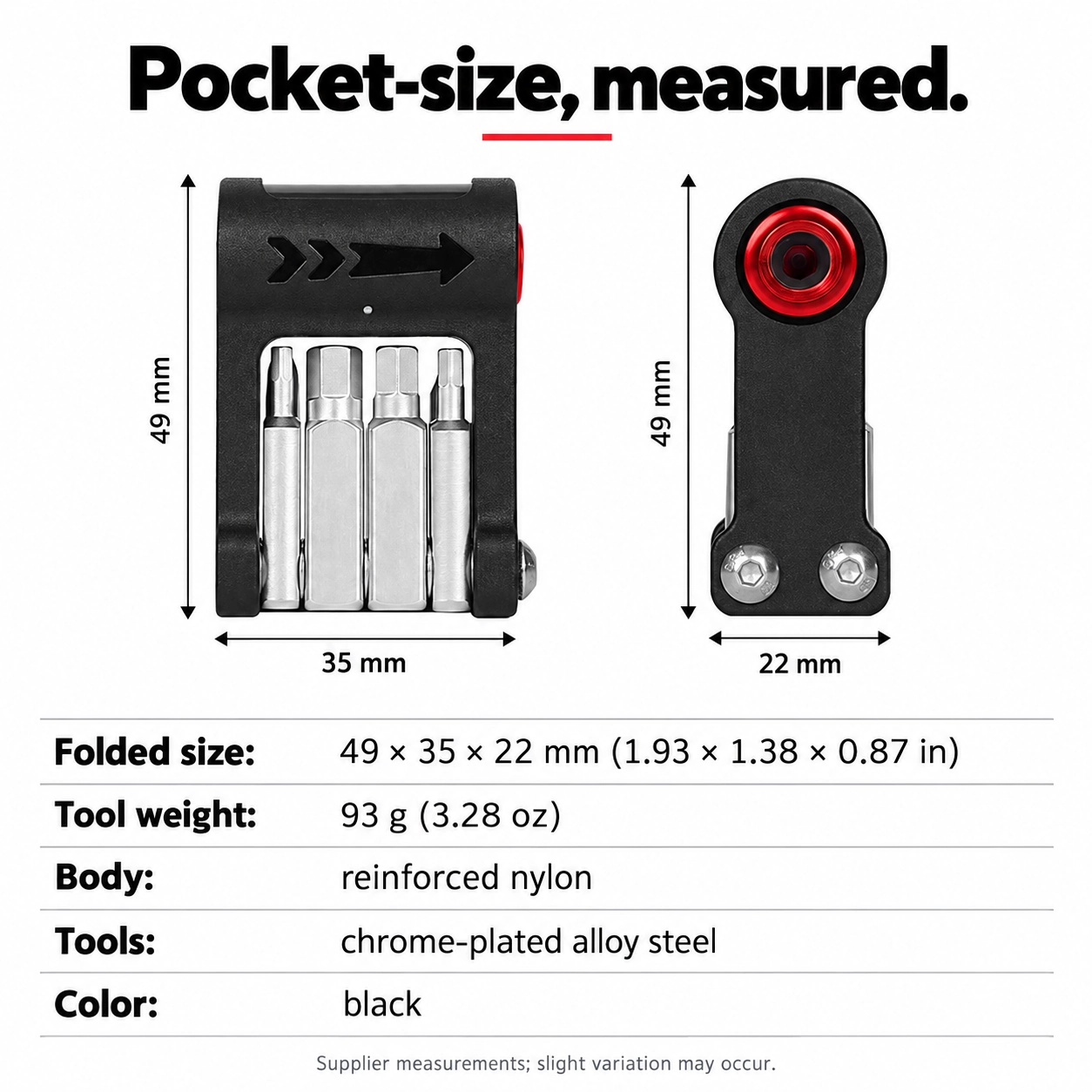 Folded tool 49 by 35 by 22 mm; supplier tool weight 93 g and supported materials