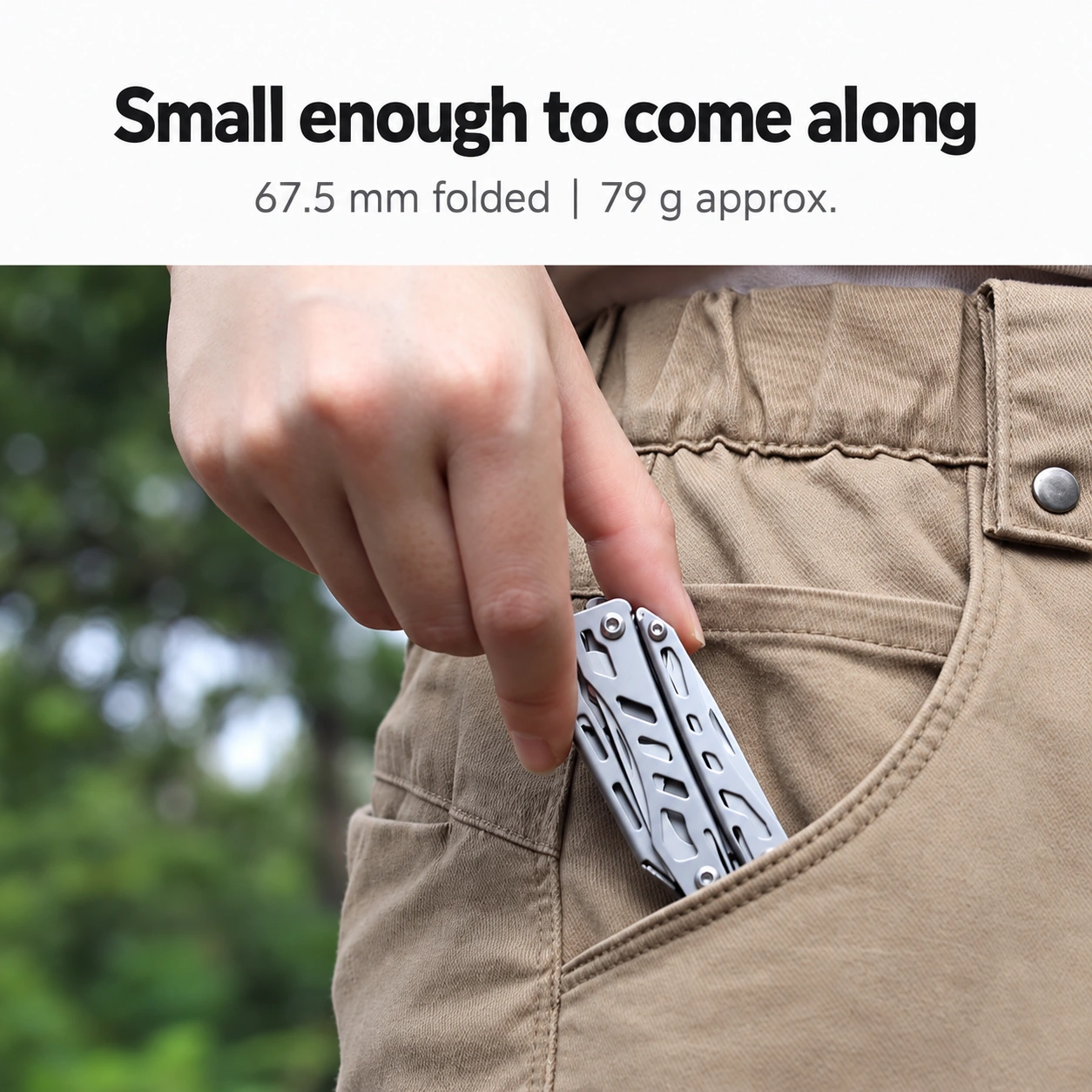 Compact multi-tool carried in a trouser pocket