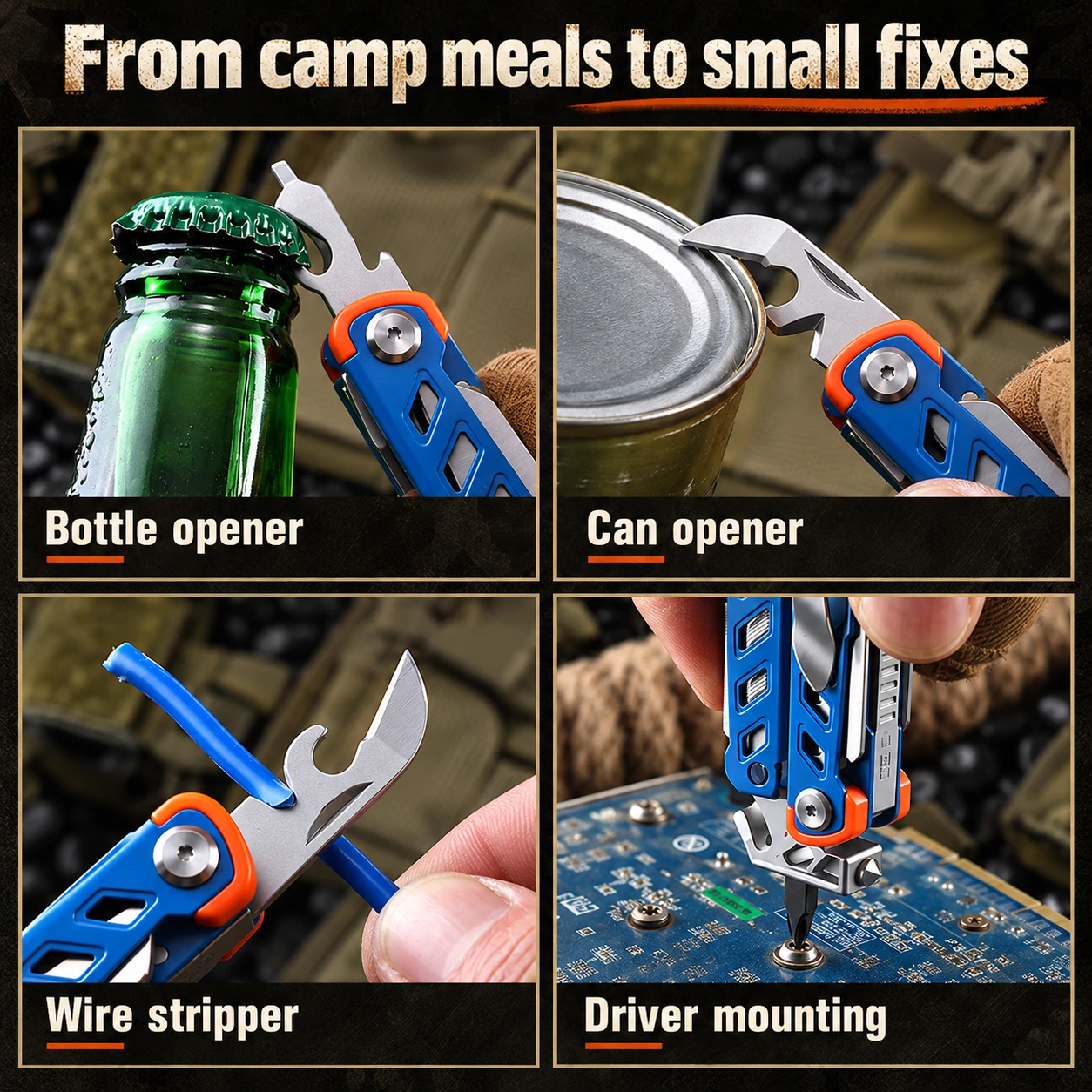 Bottle opener, can opener, wire stripper and external driver-mounting use