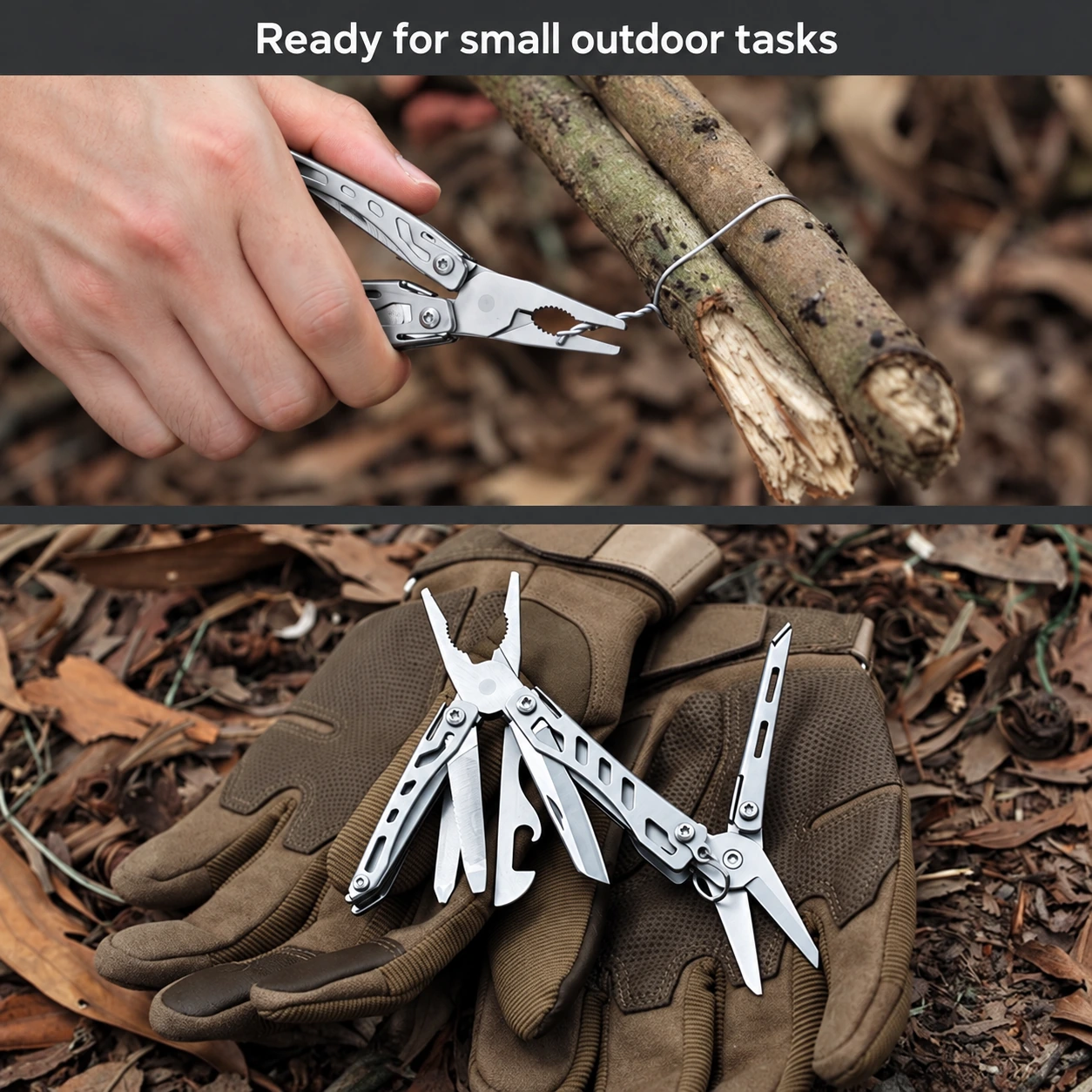 Multi-tool gripping wire outdoors and resting on work gloves