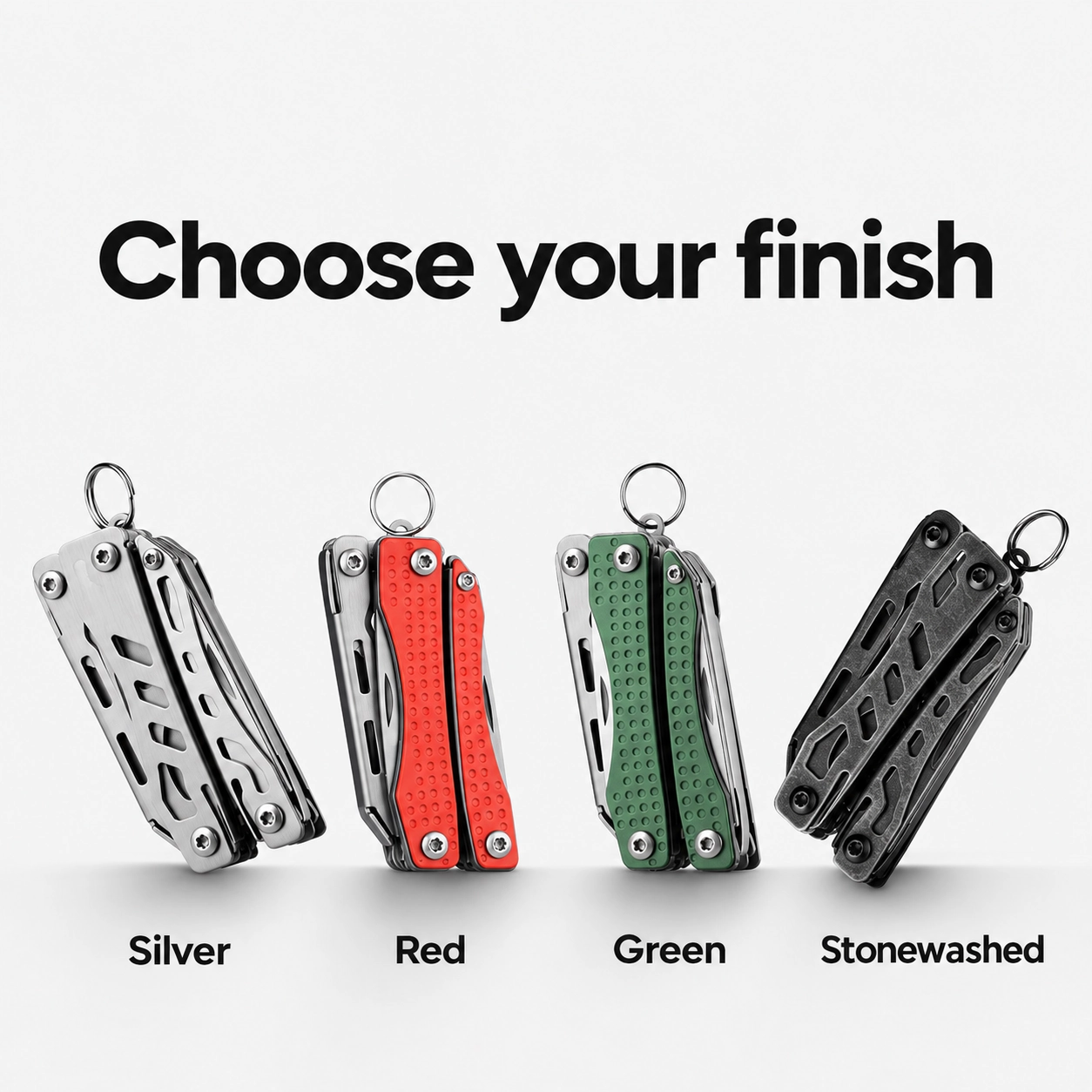 Silver Red Green and Stonewashed multi-tool finishes