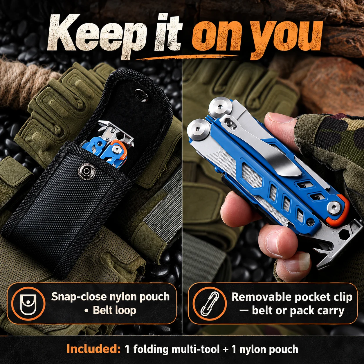Included nylon snap pouch with belt loop and visible removable back pocket clip
