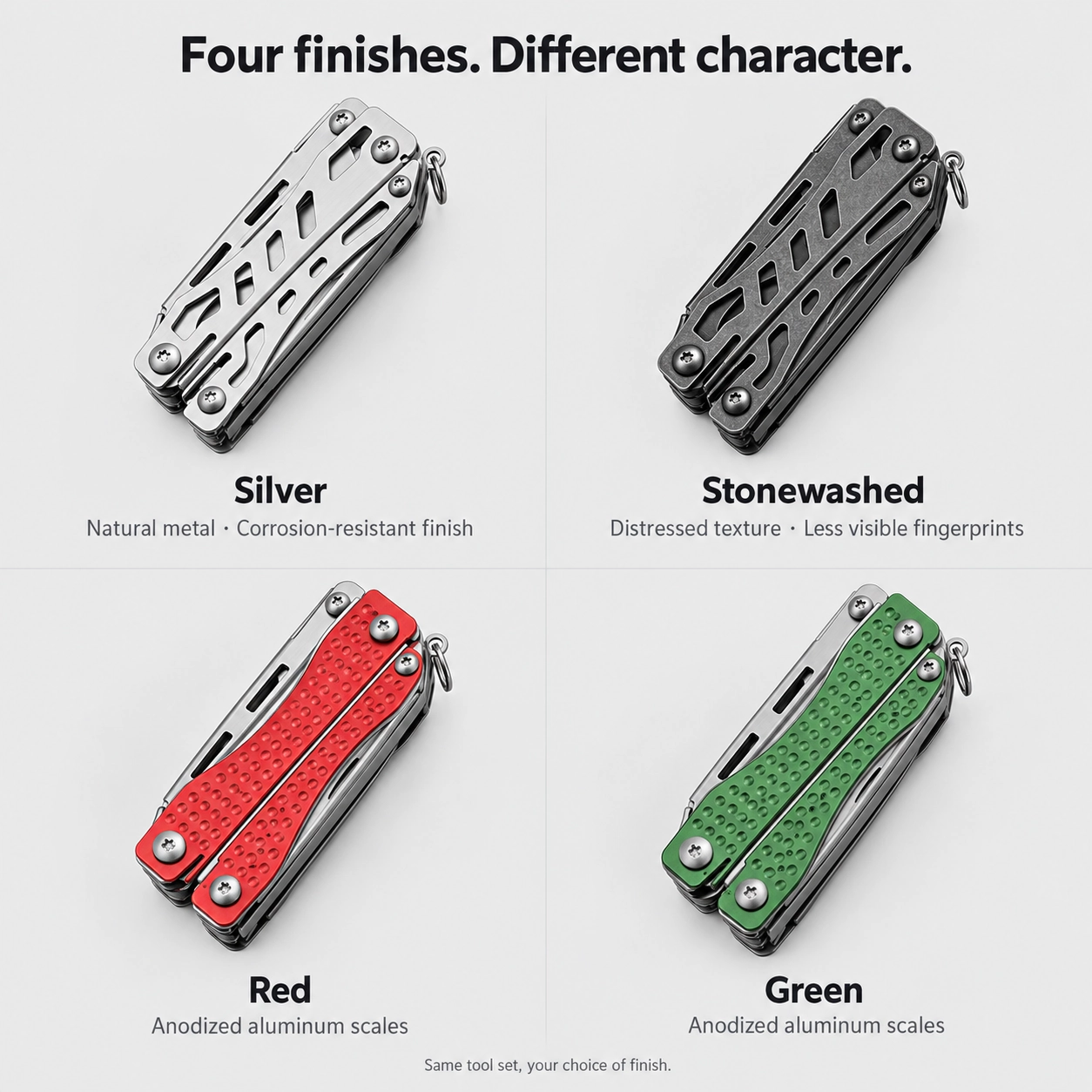 Silver, Stonewashed, Red and Green finishes with their material and surface differences
