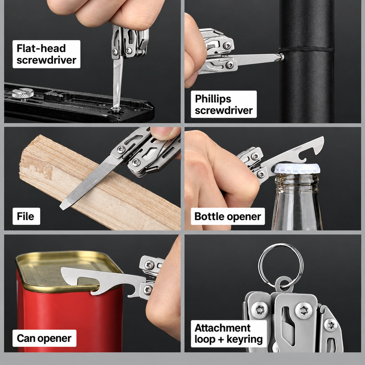 Flat-head and Phillips screwdrivers, file, bottle and can openers, attachment loop and keyring