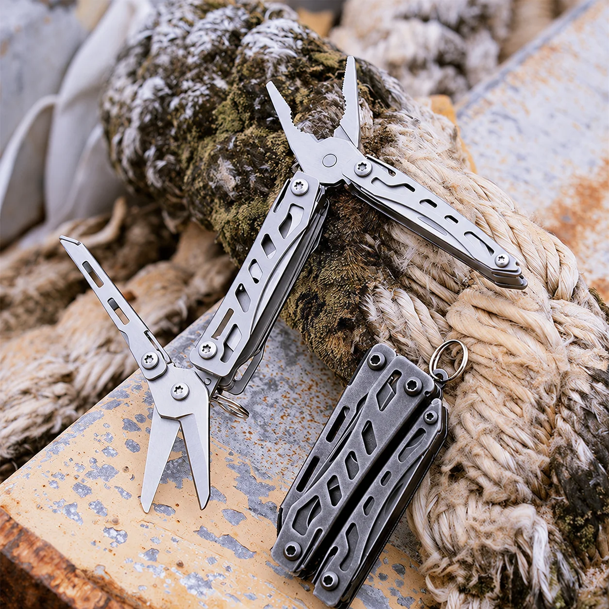 Silver unfolded and Stonewashed folded multi-tools photographed outdoors with rope