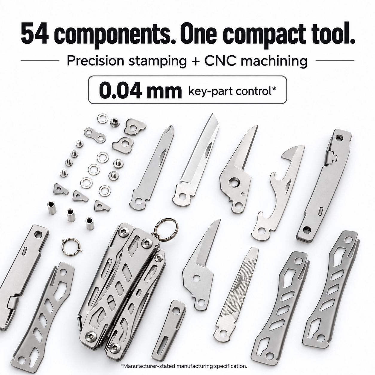 54 components, precision stamping and CNC machining with manufacturer-stated 0.04 mm key-part control