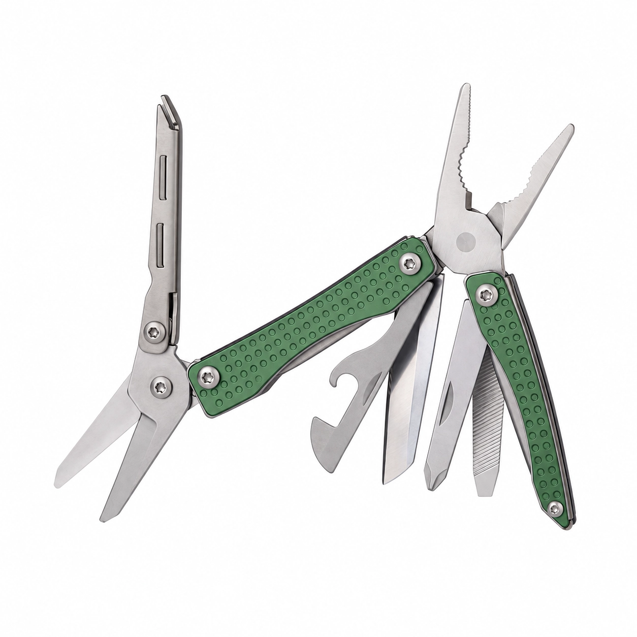 Fully unfolded Green multi-tool with dimpled aluminum handle scales
