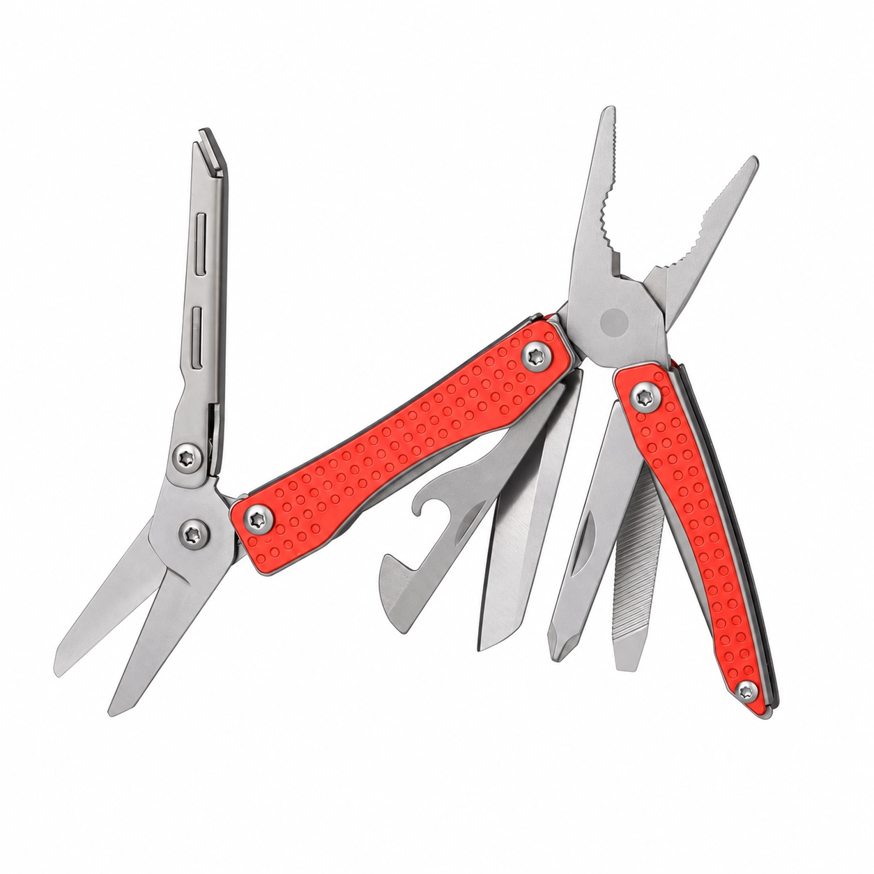 Fully unfolded Red multi-tool with dimpled aluminum handle scales