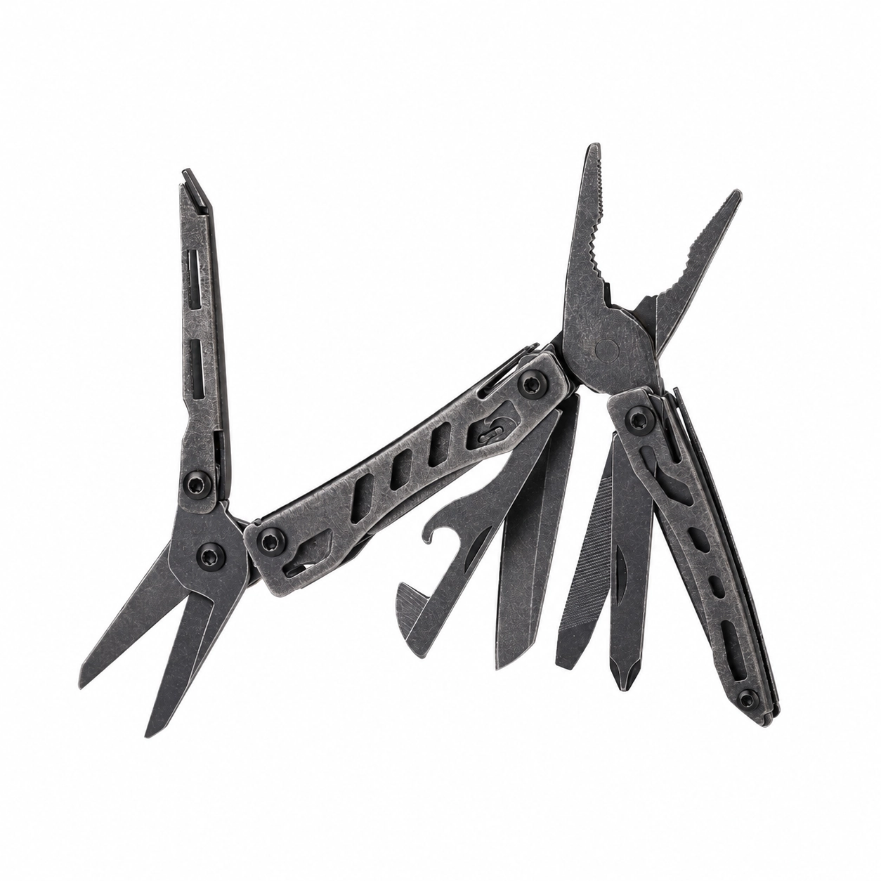 Fully unfolded Stonewashed multi-tool showing its distressed finish and complete tool set