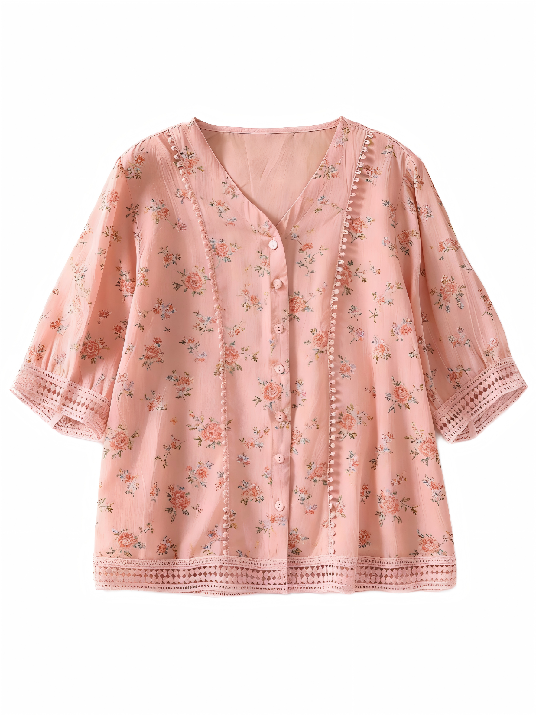 Women's V-neck Short Sleeve Crochet Casual Linen Cardigan Shirt