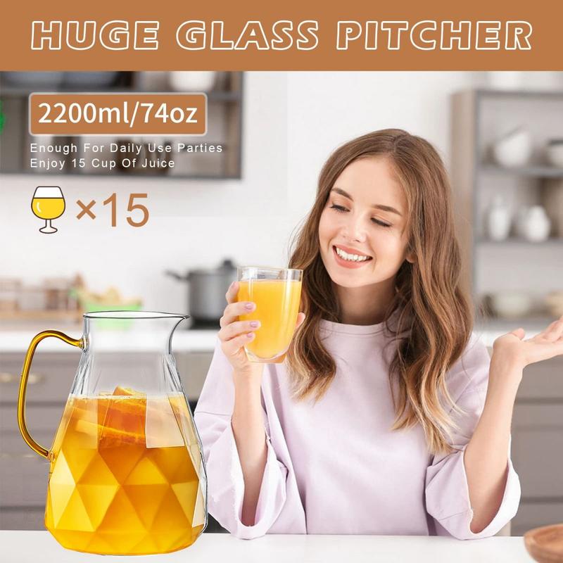 Diamond Glass Pitcher – Borosilicate Glass Beverage Server with Stainless Steel Lid