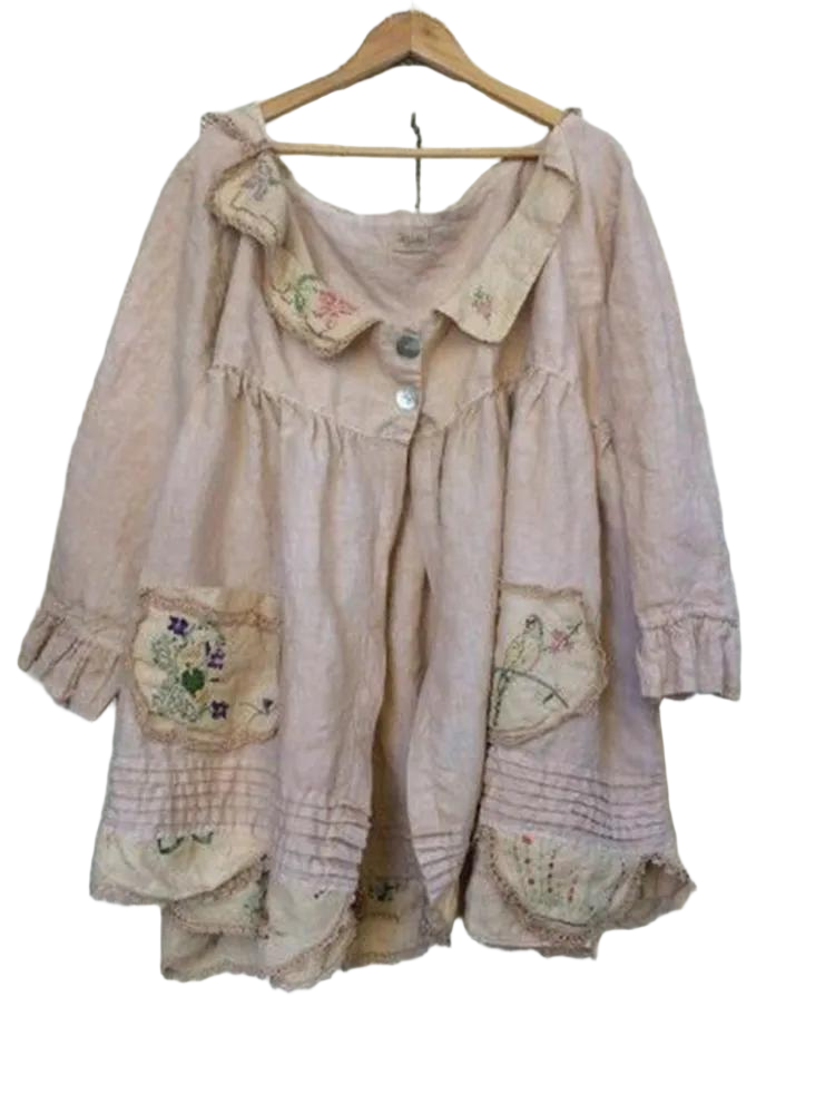 Vintage Lotus Edged Flowers Linen Cotton Comfy Shirt