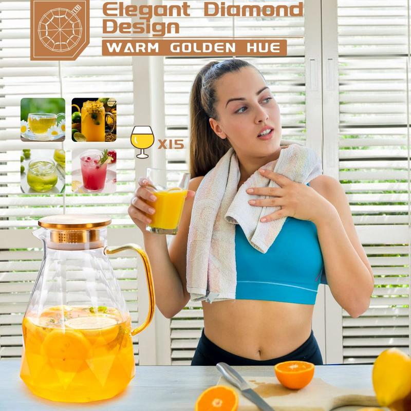 Diamond Glass Pitcher – Borosilicate Glass Beverage Server with Stainless Steel Lid