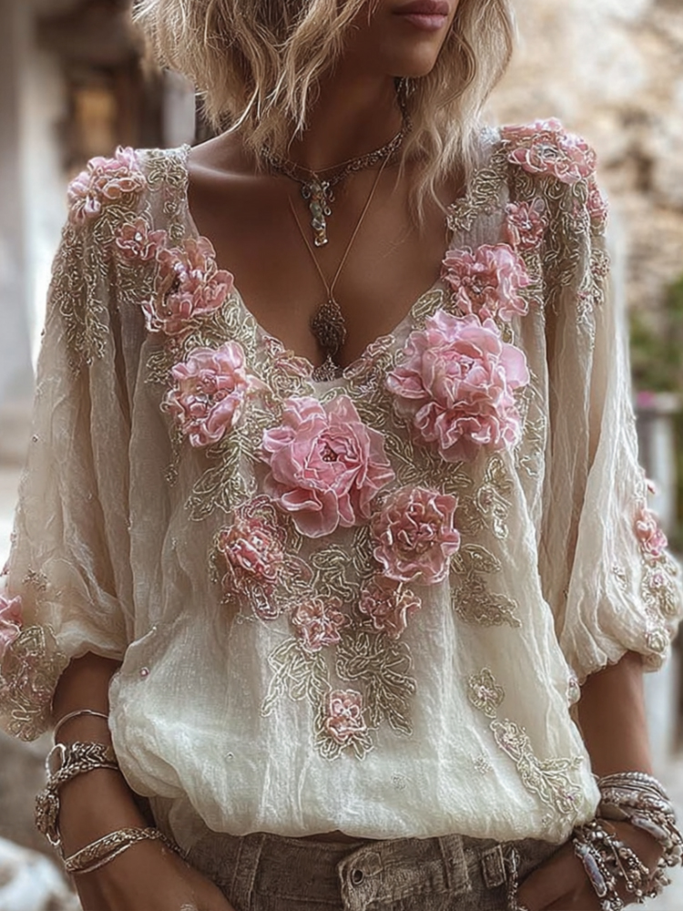 Women's Vintage Floral Embroidered Long-sleeved Top