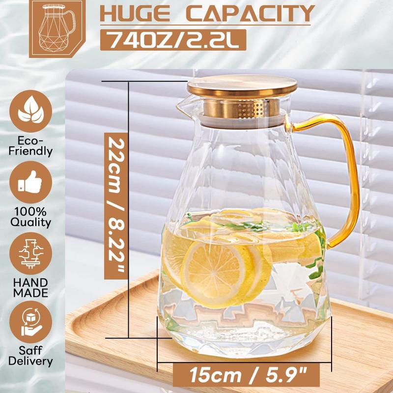 Diamond Glass Pitcher – Borosilicate Glass Beverage Server with Stainless Steel Lid