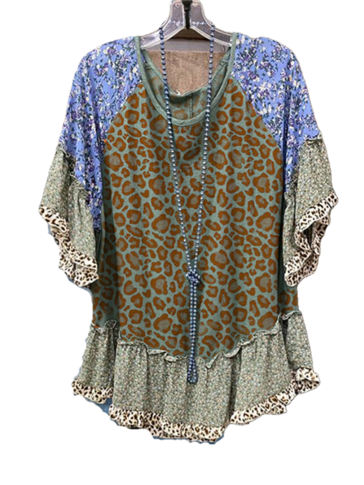 Leopard Print Floral Patchwork Ruffled T-shirt