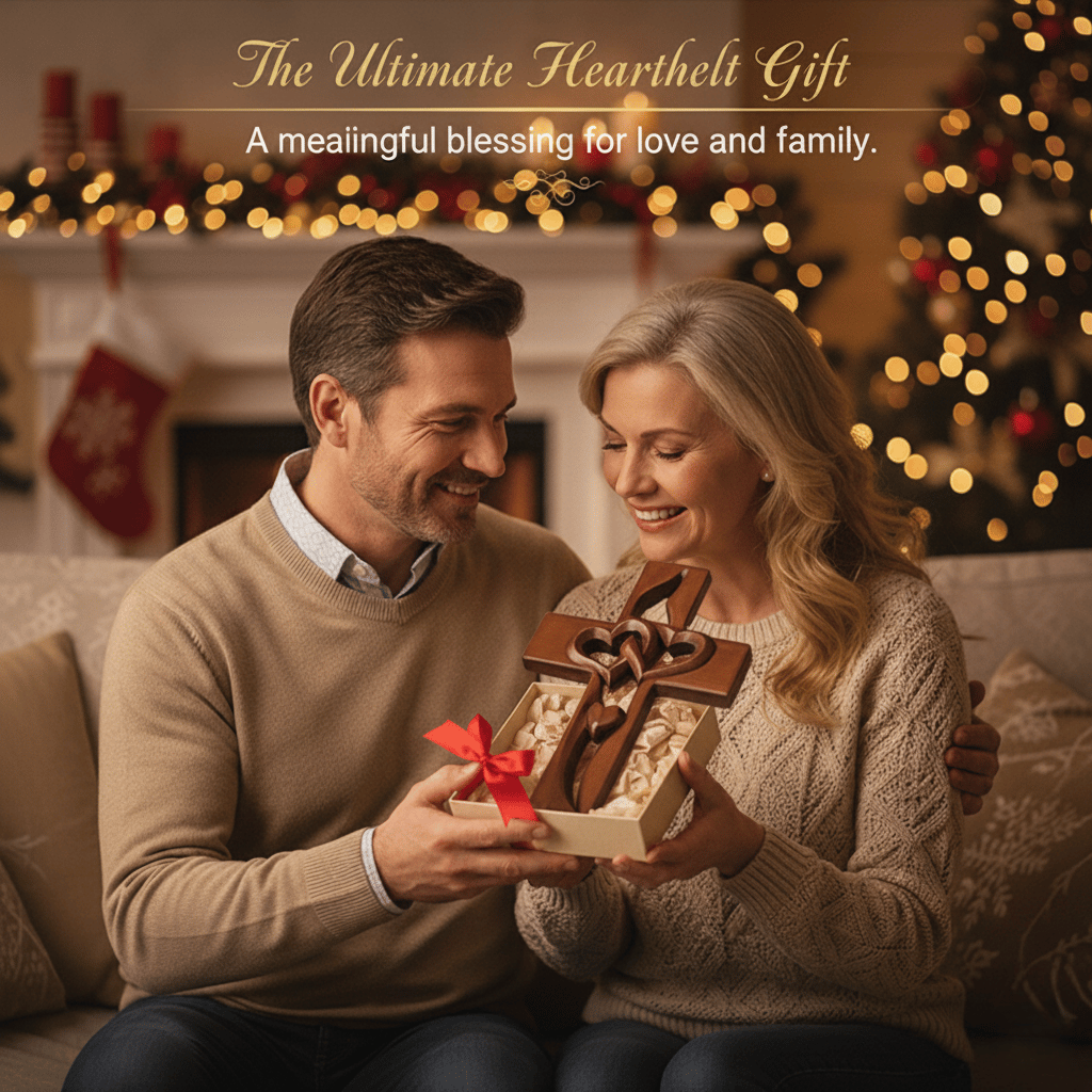 Hand-Carved Intertwined Hearts Wooden Cross