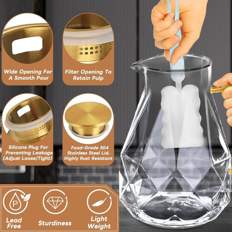 Diamond Glass Pitcher – Borosilicate Glass Beverage Server with Stainless Steel Lid