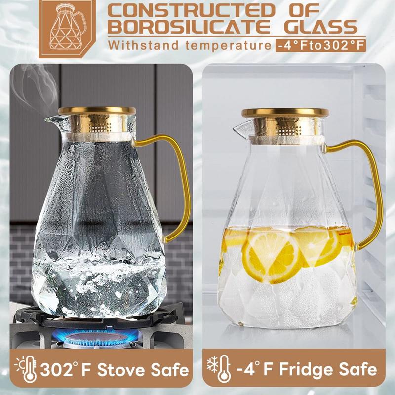 Diamond Glass Pitcher – Borosilicate Glass Beverage Server with Stainless Steel Lid