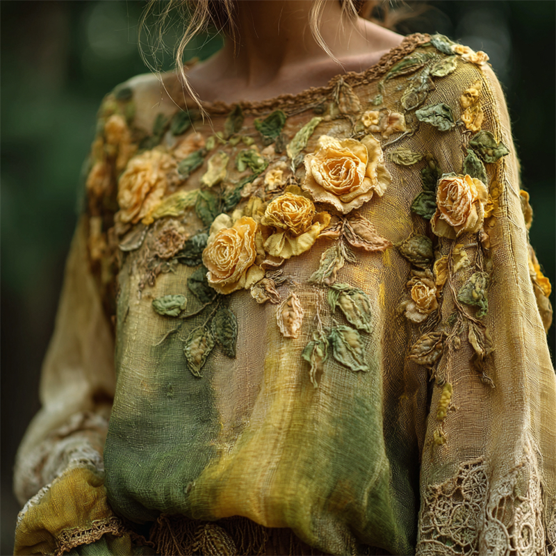 Vintage Yellow Roses Lace Hem Dyed Linen Tunic