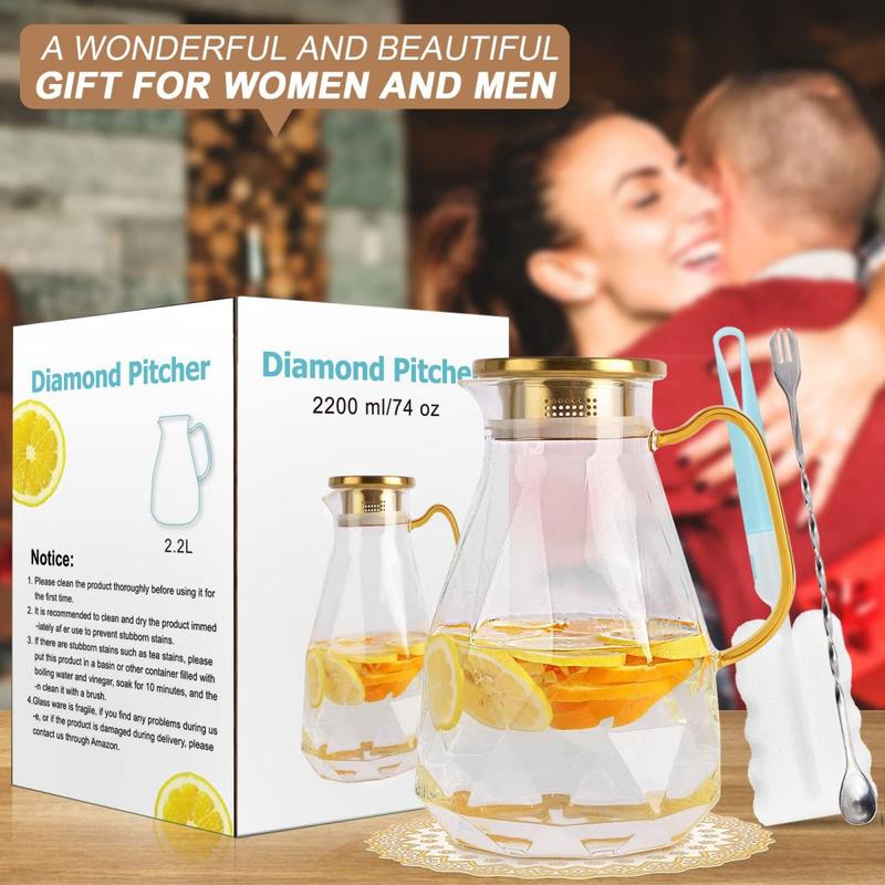 Diamond Glass Pitcher – Borosilicate Glass Beverage Server with Stainless Steel Lid