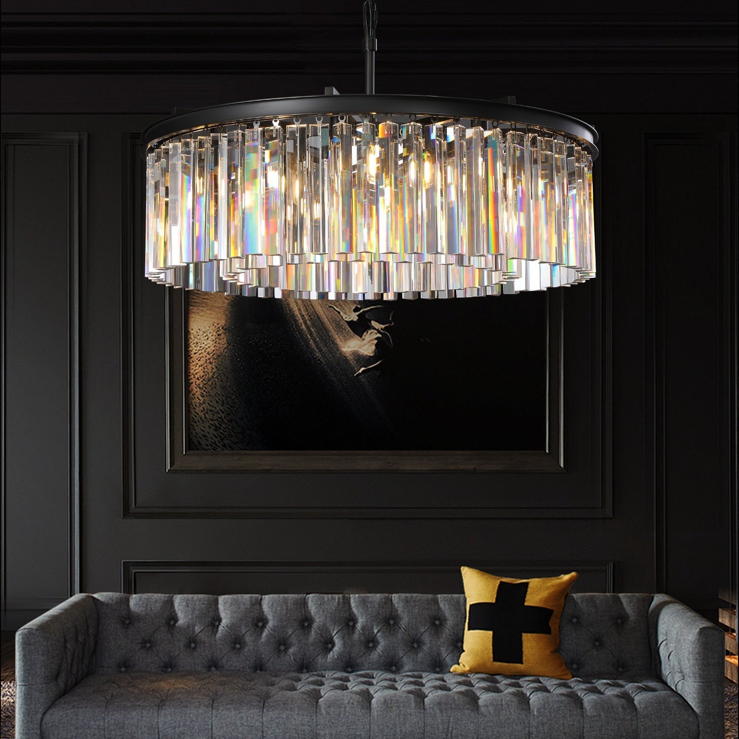 1920s Odeon Crystal Round Chandelier Black 32"/43"