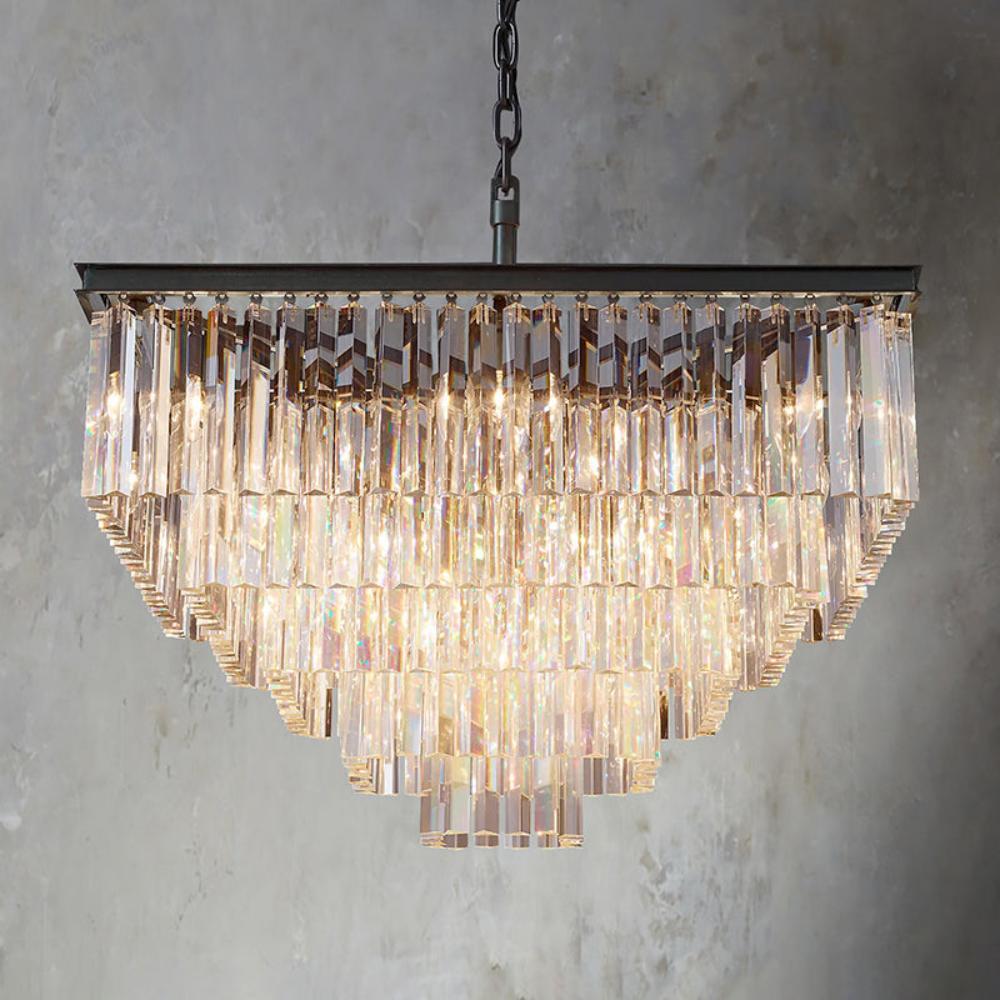 1920s Odeon Multi-Tier Crystal Square chandelier 34", Indoor Decoration Light