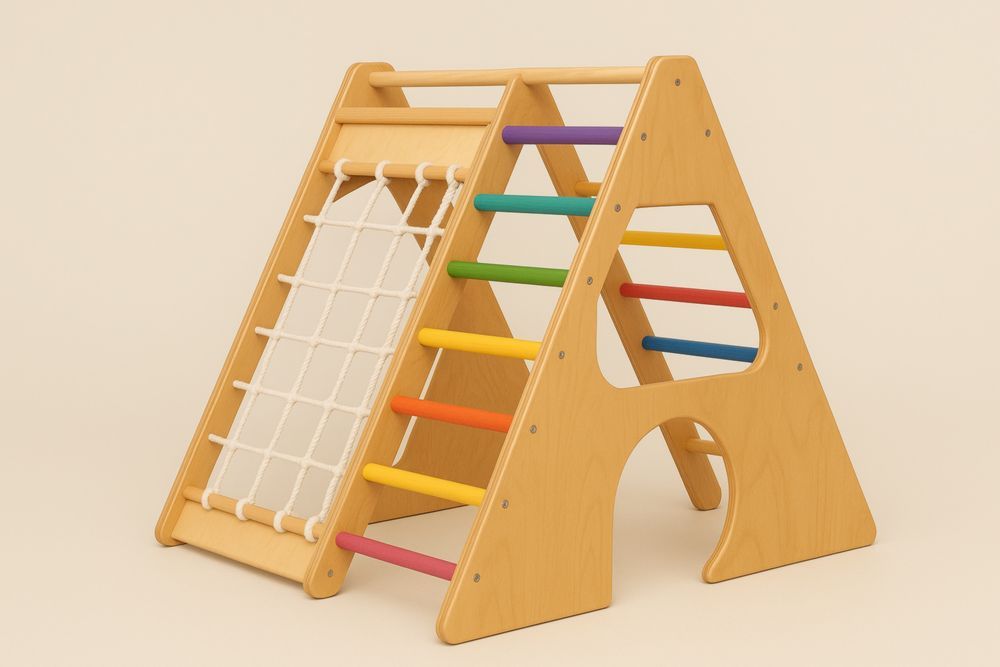 Kletterdreieck Holz mit Netz Regenbogenfarben für Kinder 80x60x75 cm