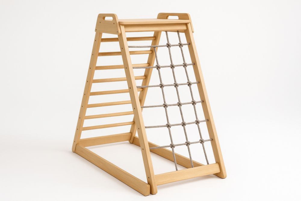 Kinder-Klettergerüst Massivholz A-Form Natur Hanfseilnetz